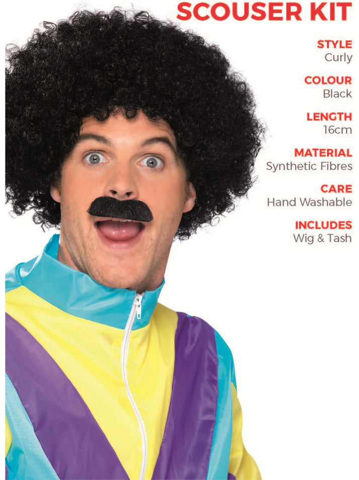 Scouser Set Black Curly Wig and Tash Adult 80s Instant Costume – Mad ...