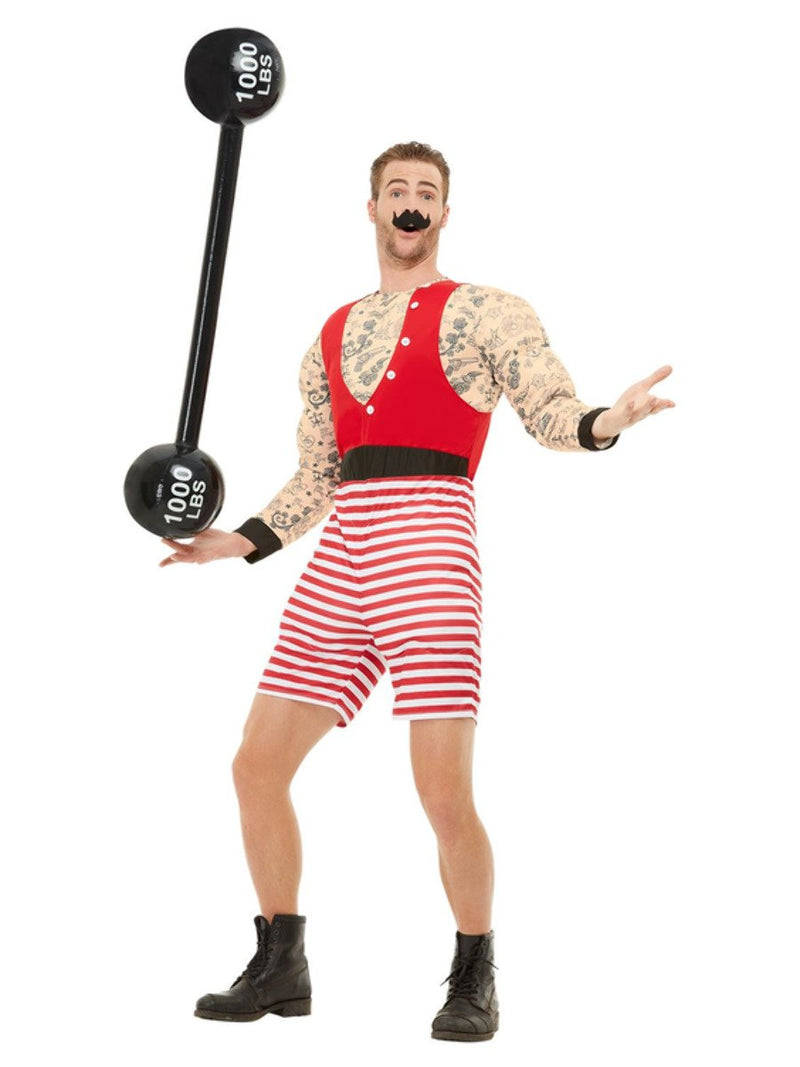 Strongman Muscle Tattoo Costume Adult Red White Striped Jumpsuit