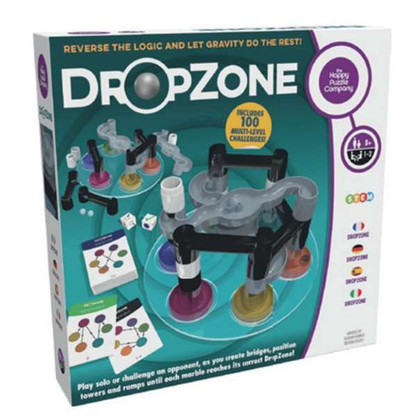 The Happy Puzzle Company DROPZONE - Reverse the Logic and Let Gravity Do the Rest! - Play Solo or Beat an Opponent in 100 Fun Multi-Challenge Levels - Ages 8+