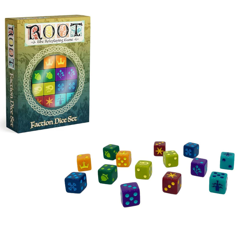 Magpie Games Dice Set for Root: The Roleplaying Game, 14 Six-Sided Dice Engraved with 7 Woodland Factions, Tabletop Fantasy Adventure