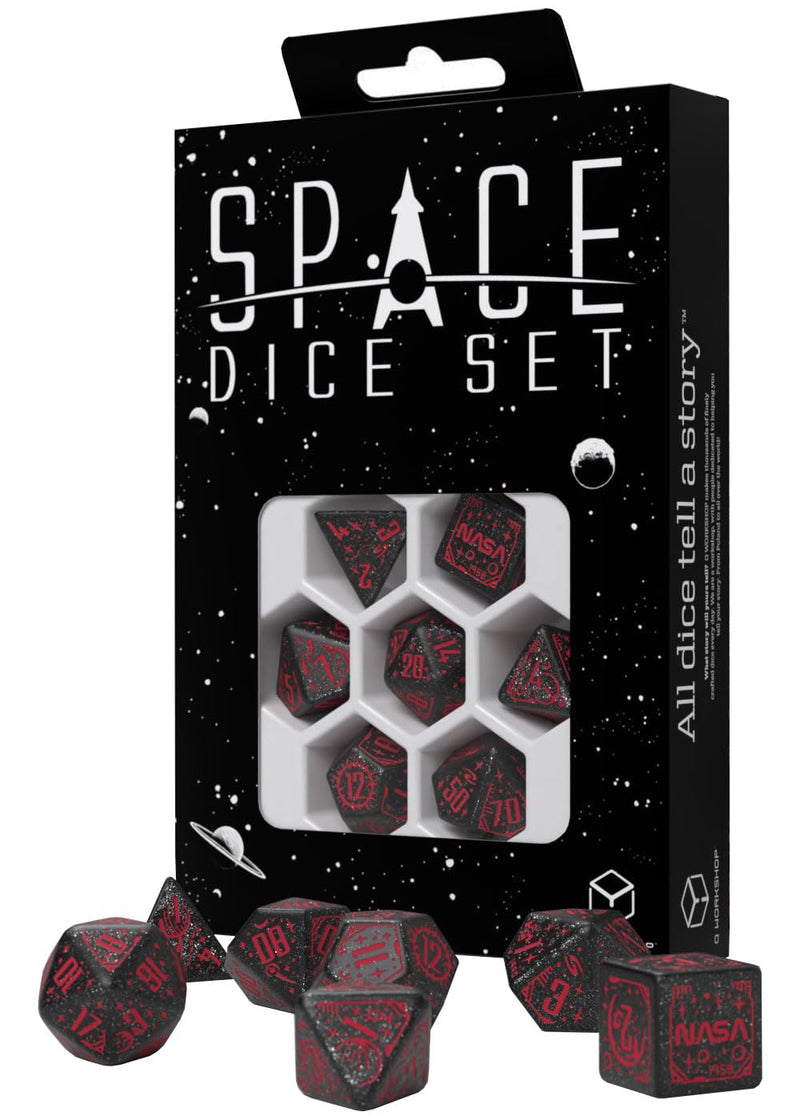 Q-Workshop Space Dice Set Voyager RPG Dice – Shimmering Black with Red Engravings – Ideal for Tabletop Games & RPGs – 7 Polyhedral Dice – (D4, D6, D8, 2D10, D12, D20)