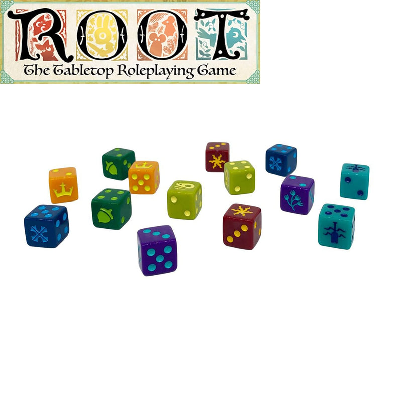 Magpie Games Dice Set for Root: The Roleplaying Game, 14 Six-Sided Dice Engraved with 7 Woodland Factions, Tabletop Fantasy Adventure