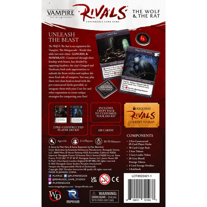 Renegade Games Studios Vampire: The Masquerade Rivals - The Wolf & The Rat Game Expansion - 2-4 Players, Ages 14+, 30-70 Min Game Play