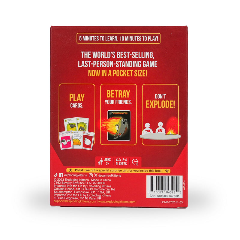 Exploding Kittens Grab & Game - 2-4 Players - Ages 7+ - 10 Minutes to Play - Travel Sized High Stakes Card Game - Party Game, Family Game Night, Kid and Adult Card Game, Red