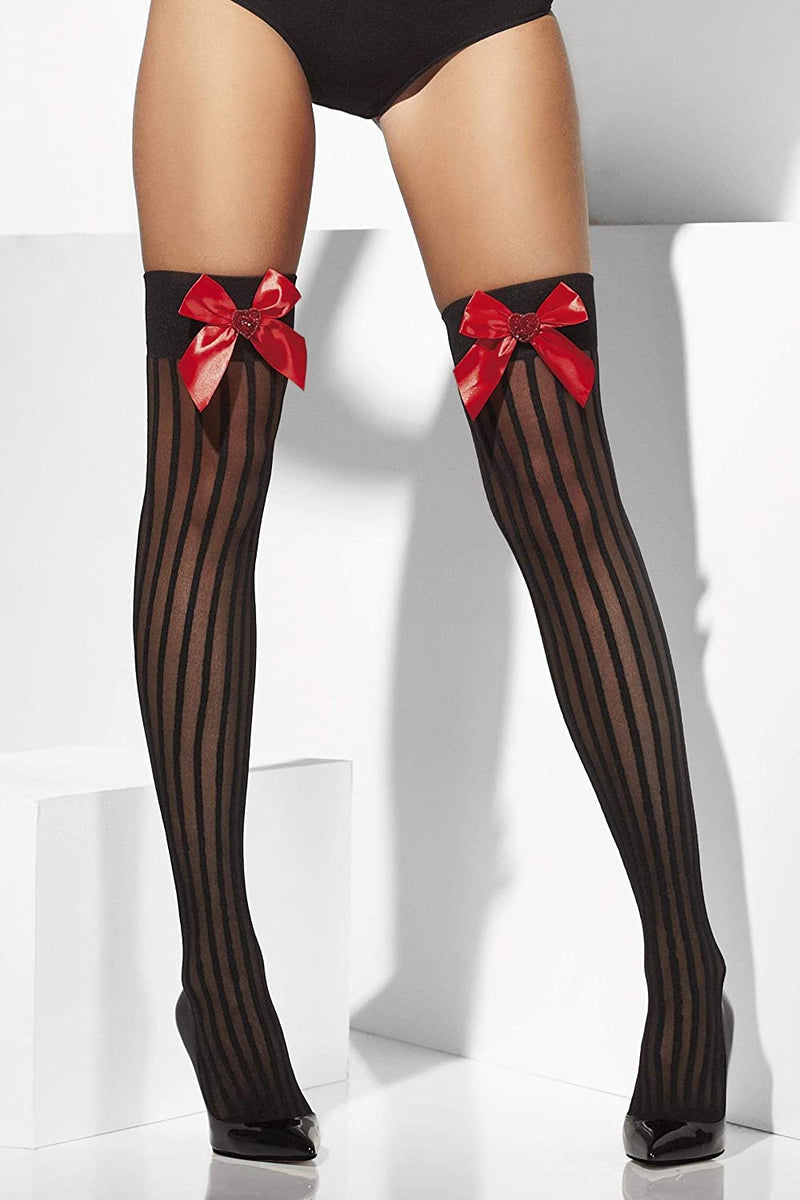 Sheer Hold Ups Adult Black Red Bows Sequin Hearts