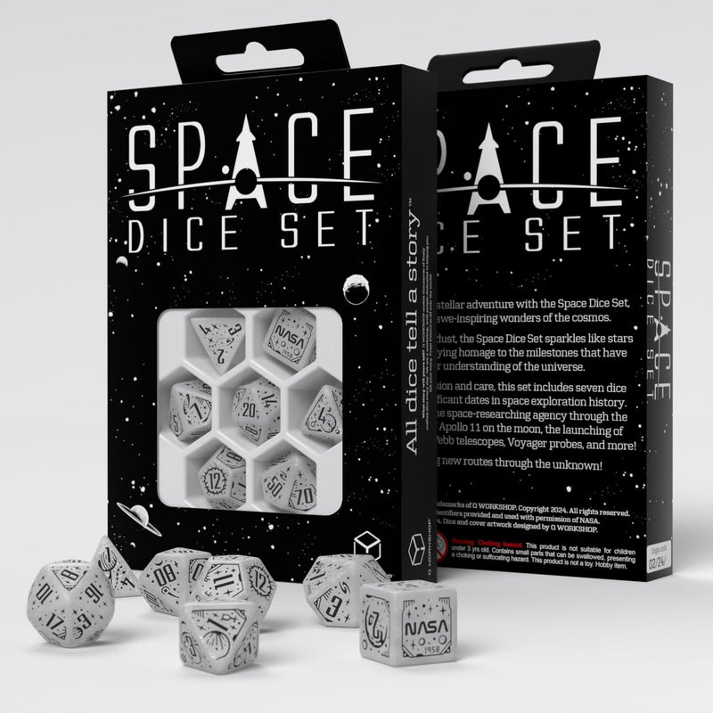 Q-Workshop Space Dice Set Apollo RPG Dice Set Inspired by NASA Apollo – Shimmering White with Black Engravings – Perfect for Tabletop Games & RPGs – 7 Polyhedral Dice (D4, D6, D8, 2D10, D12, D20)