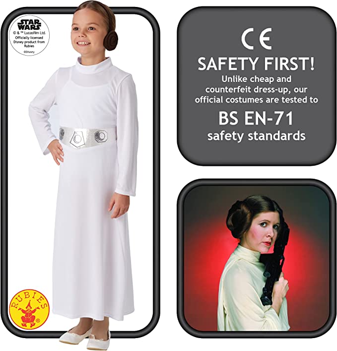 Princess Leia Girls Costume Long White Dress Belt Hair Buns