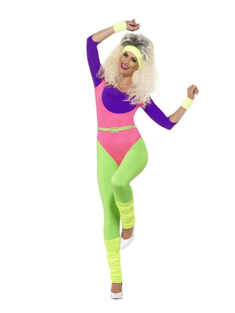 80s Work Out Costume Jumpsuit Adult Purple Pink Green