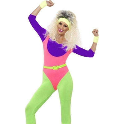 80s Work Out Costume With Jumpsuit Adult Purple Pink Green_1 sm-43196M