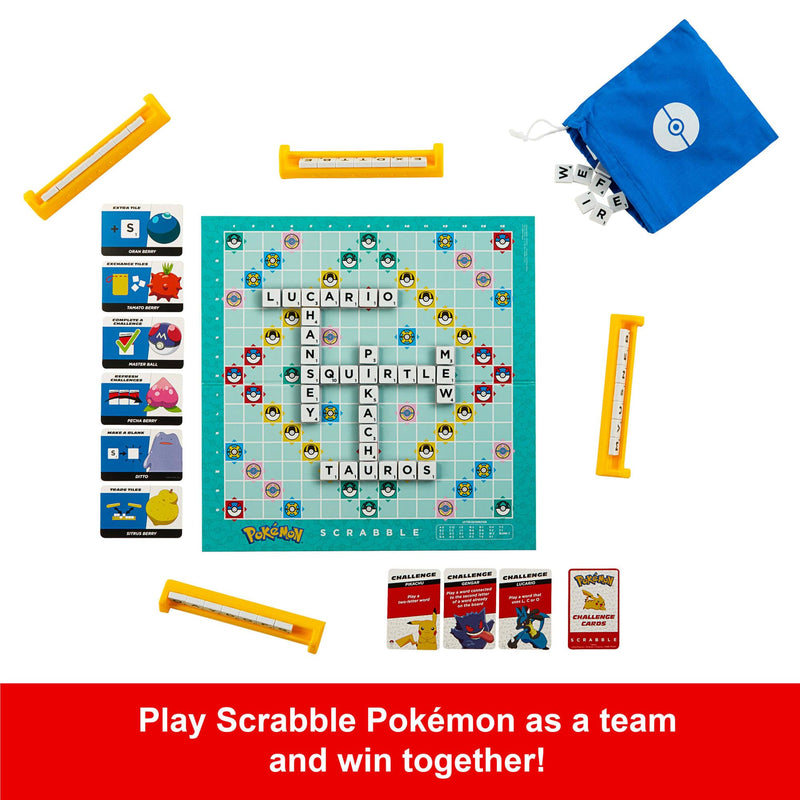 Mattel Games Scrabble Pokémon Board Game, Family Word Game with Two Ways to Play, includes 50 Challenge Cards featuring Pokémon characters for 2-4 Players, UK Version, HXB94