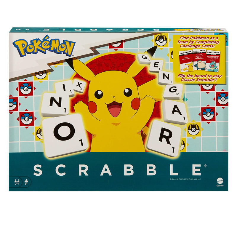 Mattel Games Scrabble Pokémon Board Game, Family Word Game with Two Ways to Play, includes 50 Challenge Cards featuring Pokémon characters for 2-4 Players, UK Version, HXB94