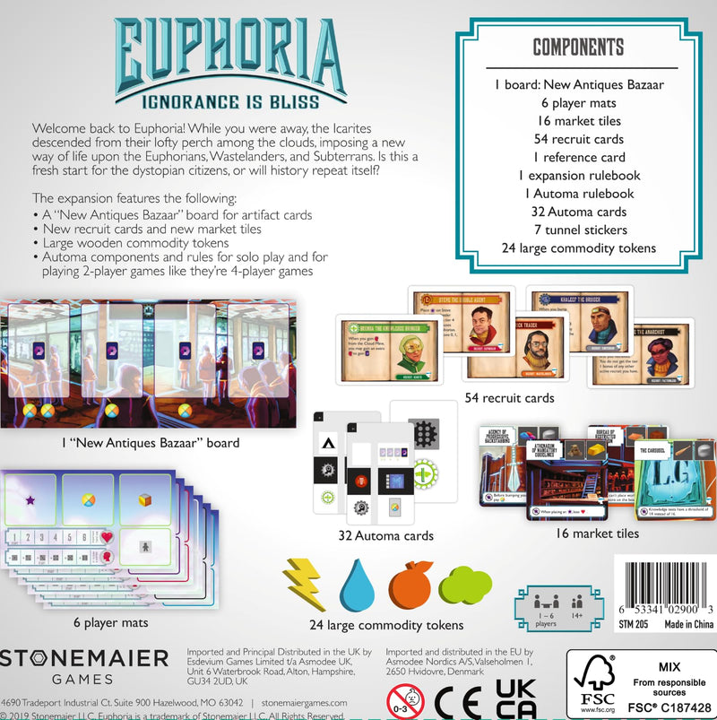 Stonemaier Games: Euphoria: Ignorance is Bliss Expansion | Add to Euphoria: Build a Better Dystopia (Base Game) | New Solo Mode, New Antiques Bazaar & Other Components | 1-6 Players, 60 Mins, Ages 14+