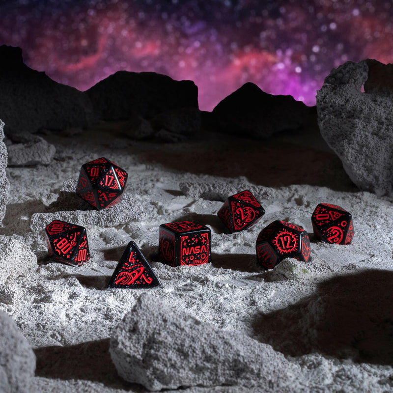 Q-Workshop Space Dice Set Voyager RPG Dice – Shimmering Black with Red Engravings – Ideal for Tabletop Games & RPGs – 7 Polyhedral Dice – (D4, D6, D8, 2D10, D12, D20)