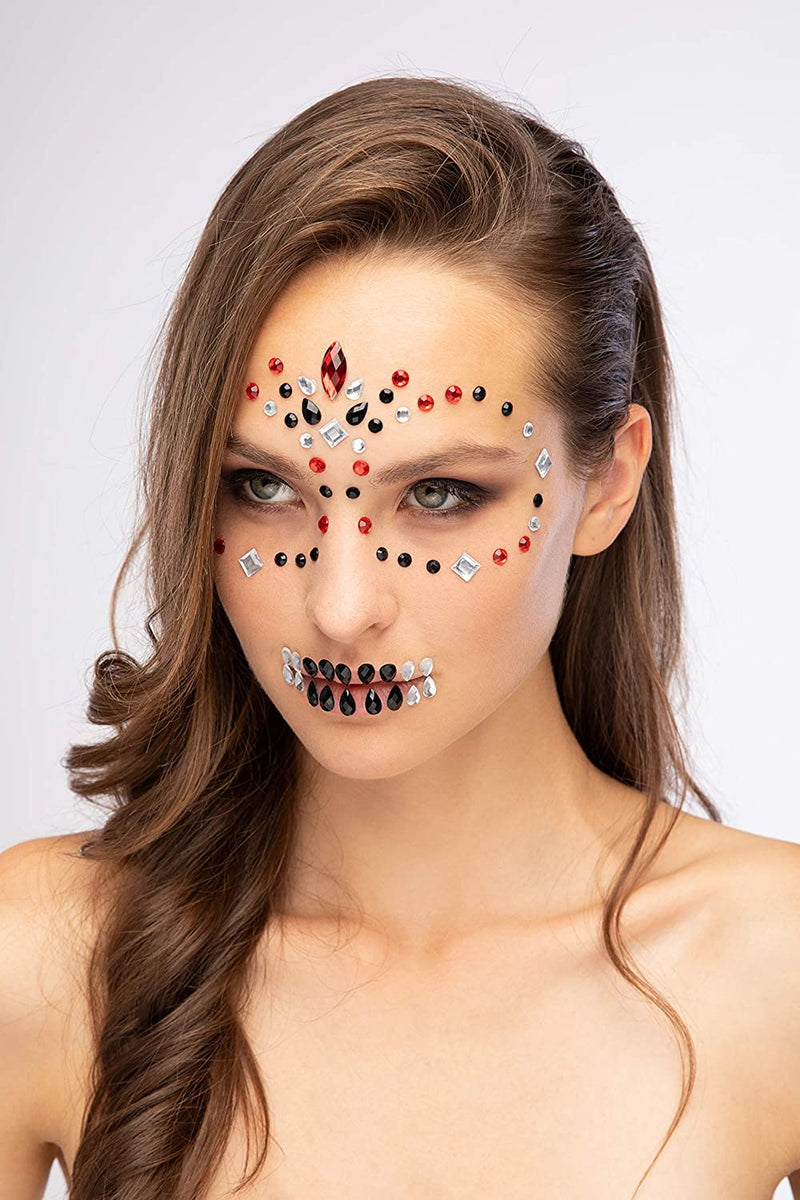 Moon Terror Face Jewels Day Of The Dead Adult Red Costume Make Up