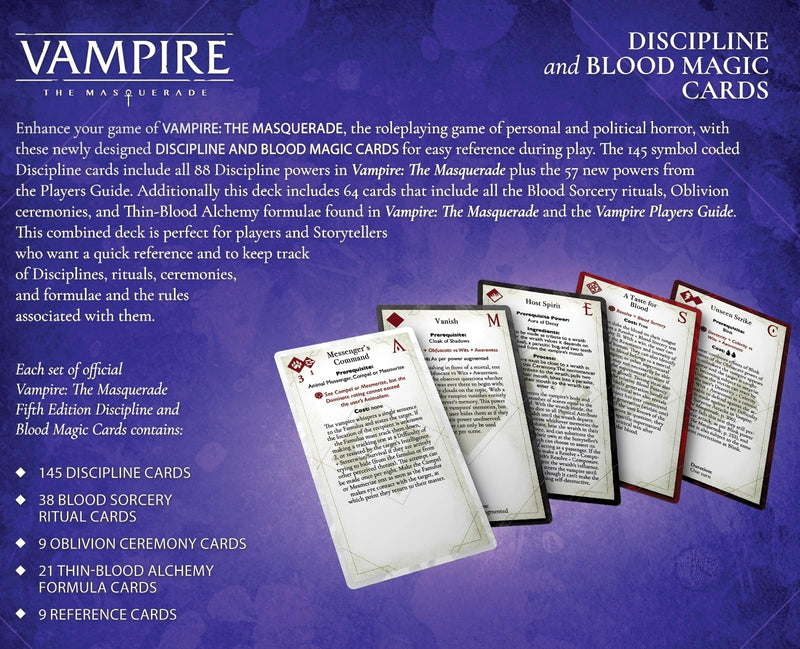 Renegade Game Studio: Vampire: The Masquerade - Discipline Deck Accessory - 5th Edition Roleplaying Game, 219 Tarot-Sized Cards, RPG, Ages 18+