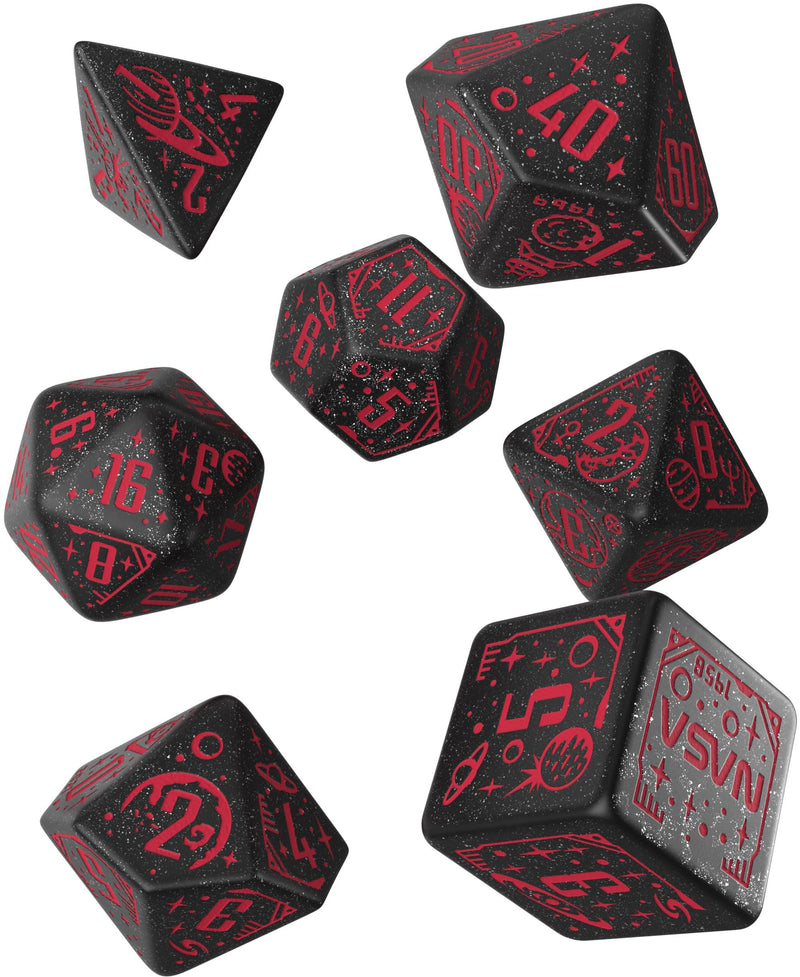 Q-Workshop Space Dice Set Voyager RPG Dice – Shimmering Black with Red Engravings – Ideal for Tabletop Games & RPGs – 7 Polyhedral Dice – (D4, D6, D8, 2D10, D12, D20)