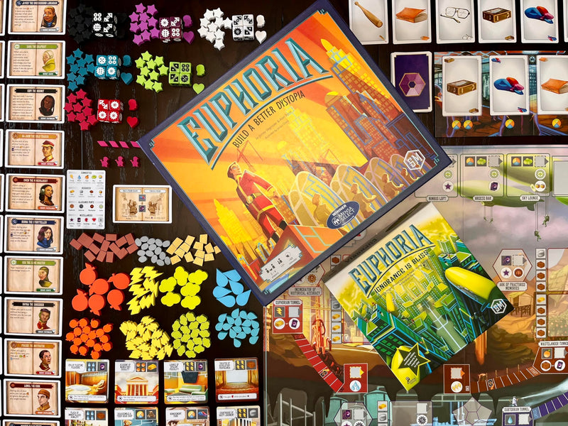 Stonemaier Games: Euphoria: Ignorance is Bliss Expansion | Add to Euphoria: Build a Better Dystopia (Base Game) | New Solo Mode, New Antiques Bazaar & Other Components | 1-6 Players, 60 Mins, Ages 14+