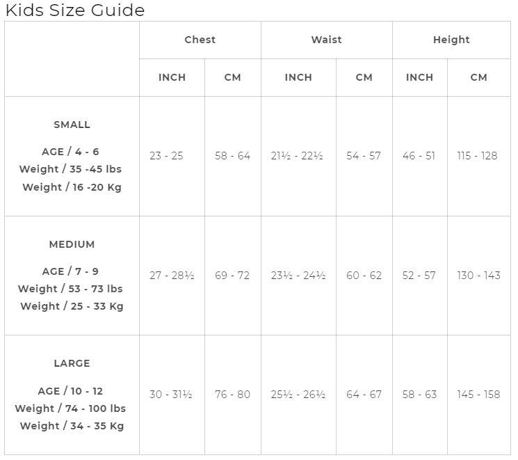 Size Chart Alien Tabard