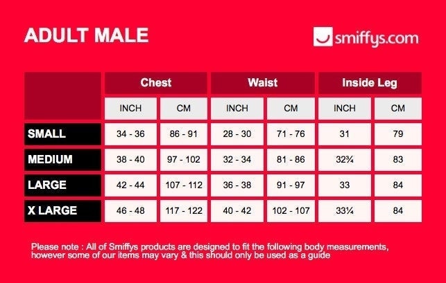 Size Chart Arabian Prince Costume Adult