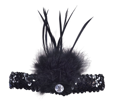 Black Flapper Headband Sequin With Feather_1 BA1023
