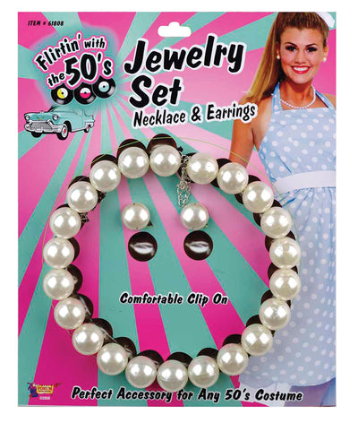Womens 50s Pearl Necklace + Earring Set White Costume Accessories Female Halloween_1 BA1793