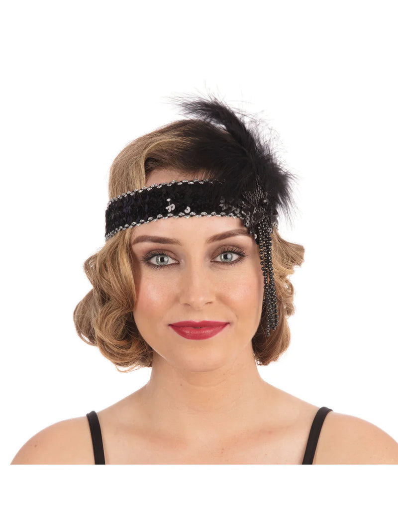 Flapper Headband Black Sequin 1920s Costume Accessory