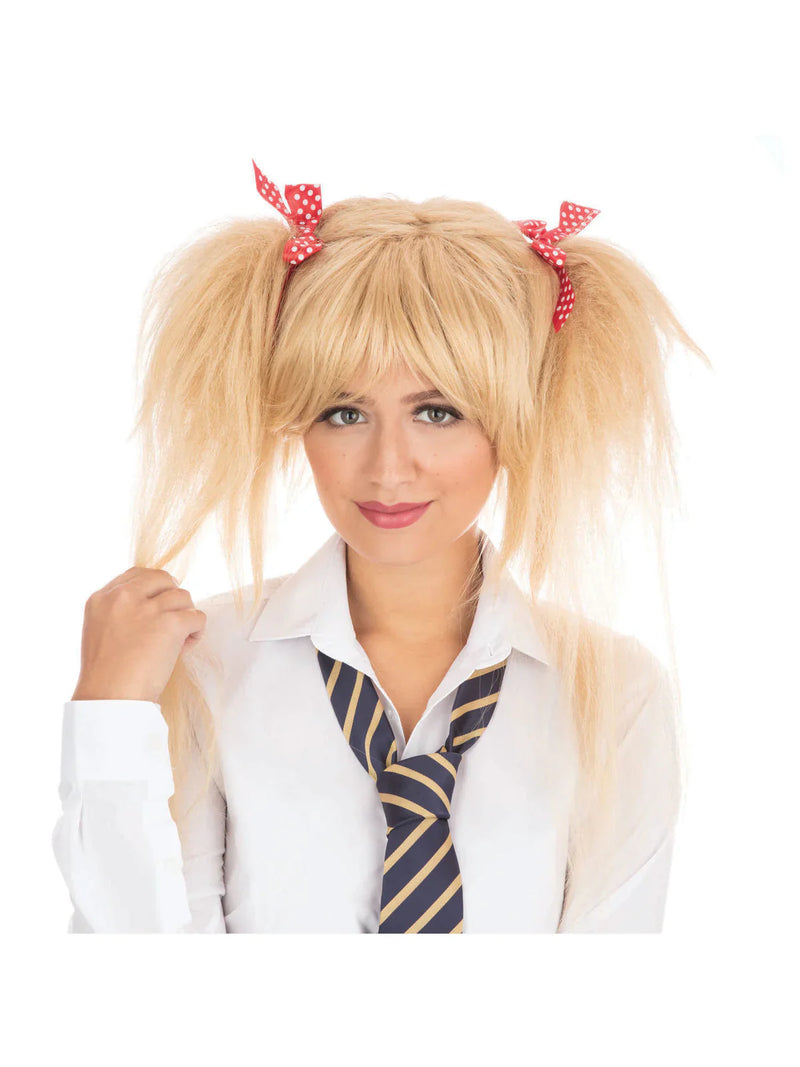 Womens Schoolgirl Wig Blonde Red Bows Wigs Female Halloween Costume
