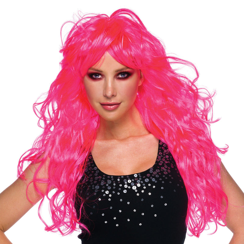 Womens Vixen Wavy Neon Pink Wigs Female Halloween Costume_3 