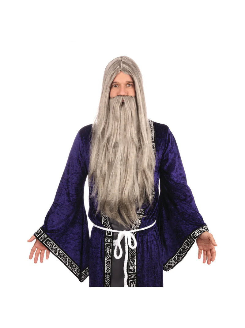 Mens Wizard + Beard Long Grey Wigs Halloween Costume