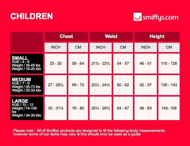 Size Chart Bing Sula Costume