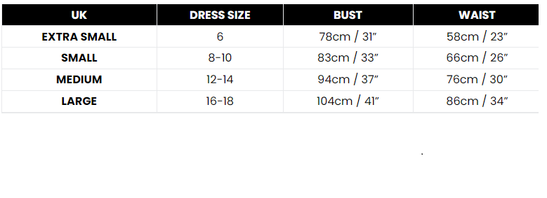 Size Chart British Police Officer Ladies Costume