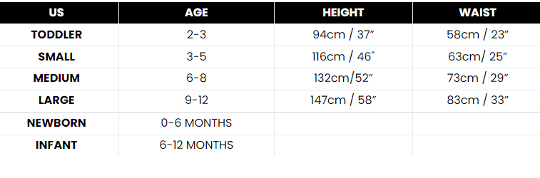 Size Chart Captain America Boys Costume Avengers Endgame