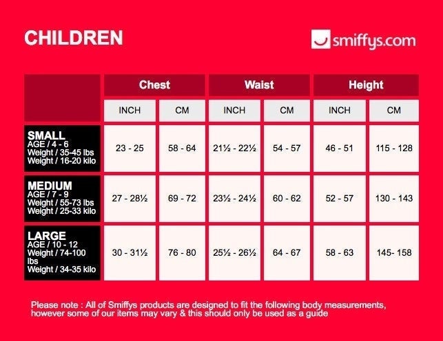 Size Chart Captain Costume Child Kids White