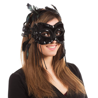 Womens Black Velvet Mask & Feathers Eye Masks Female Halloween Costume_1 EM196
