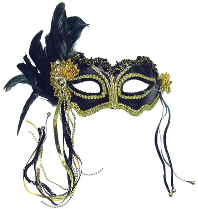 Womens Black Metallic + Side Feather Mask Eye Masks Female Halloween Costume_1 EM323