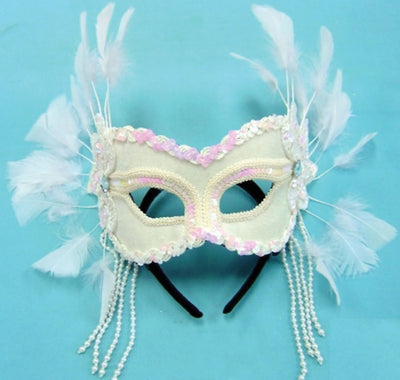Womens White Velvet Mask+feathers On Hband Eye Masks Female Halloween Costume_1 EM336