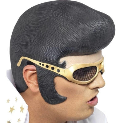 Elvis Headpiece Adult Black Rubber With Gold Moulded Glasses_1