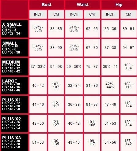 Size Chart Fever Miss Whiplash Adult Black