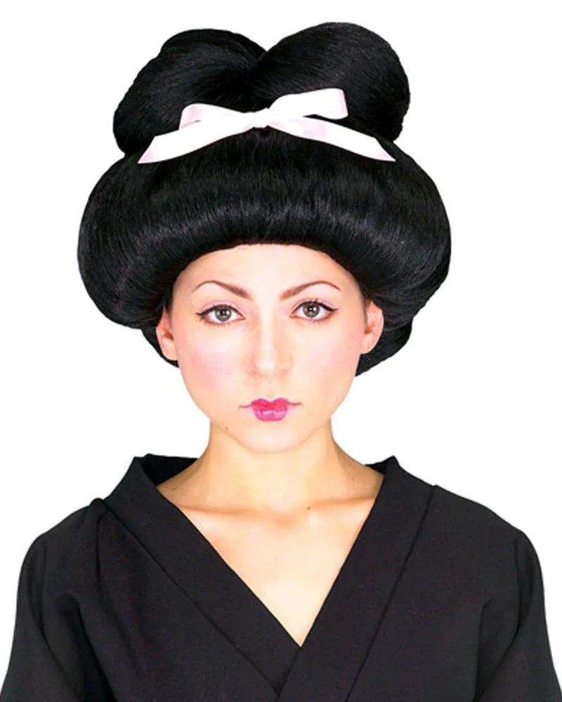 Geisha Woman Black Wig Pink Bow_1