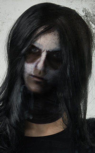 Ghost Mask With Wig Black Halloween Costume_1