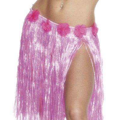 Hawaiian Hula Skirt Adult Neon Pink With Flowers 46cm_1