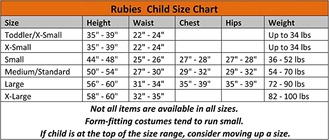 Size Chart Jedi Robe Child&