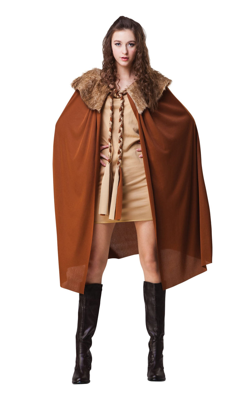 Ladies Short Brown Cape Cloak With Plush Collar_1