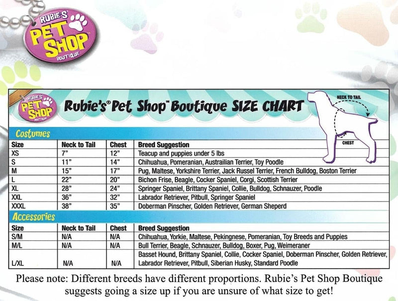 Size Chart Pet Llama Costume