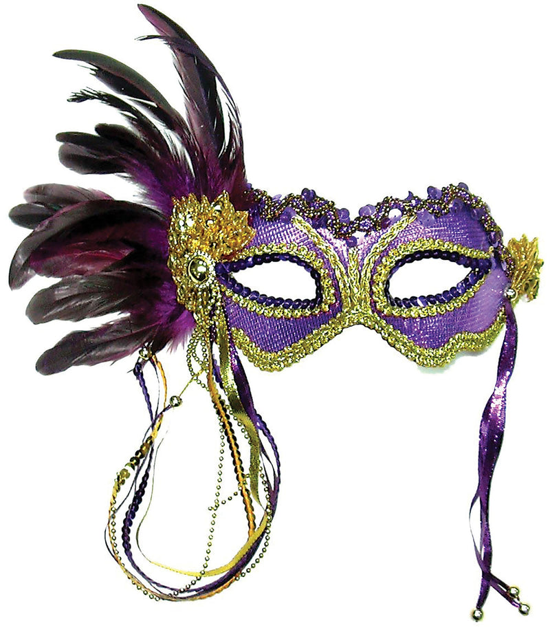 Purple Metallic Eye Mask with Side Feathers_1