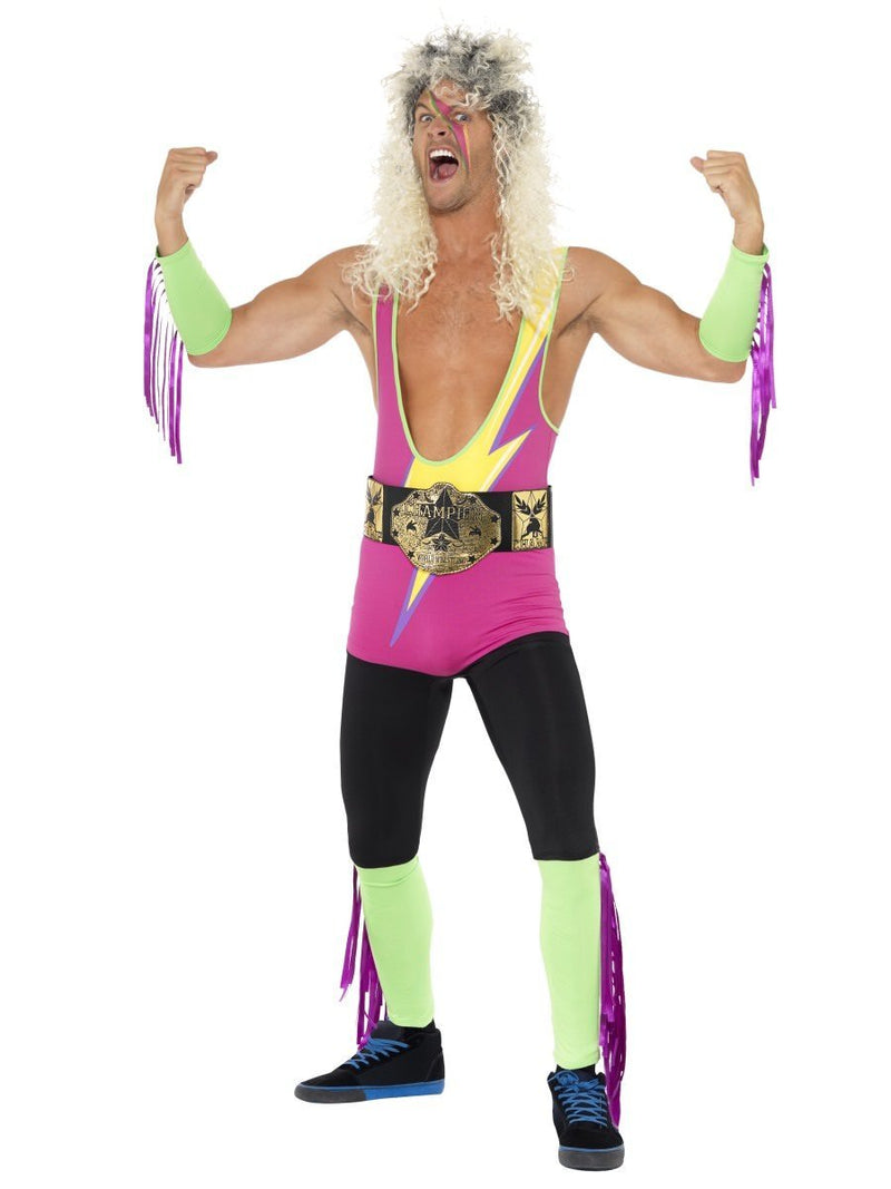 Retro Wrestler Costume Adult Multi Coloured Bodysuit Belt Arm Leg Cuffs_4