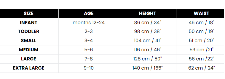 Size Chart Mr Rabbit Costume for Book Week