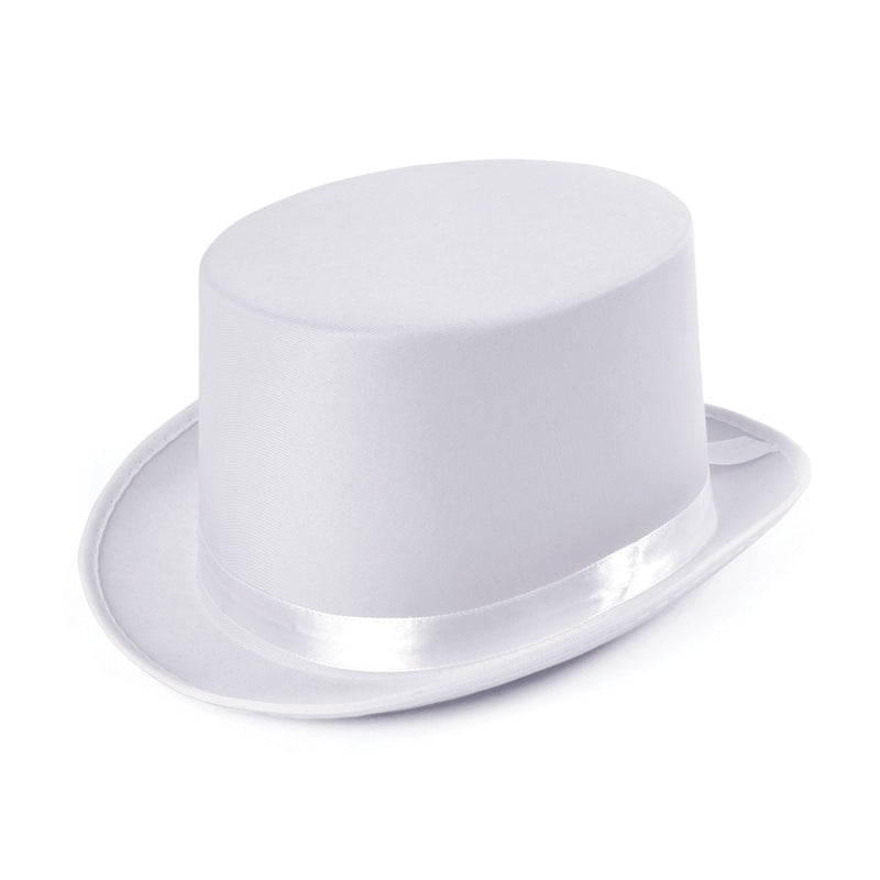 Satin Look White Top Hat with Ribbon Band_1