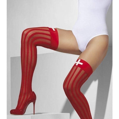 Sheer Hold Ups Adult Red with Vertical Stripes Cross Print_1