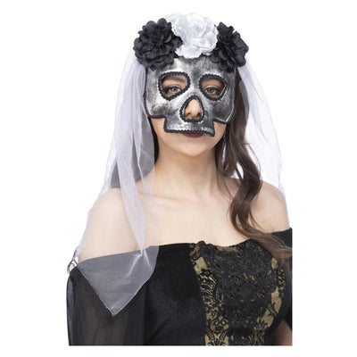 Skull Bride Mask with Veil Adult Grey_1